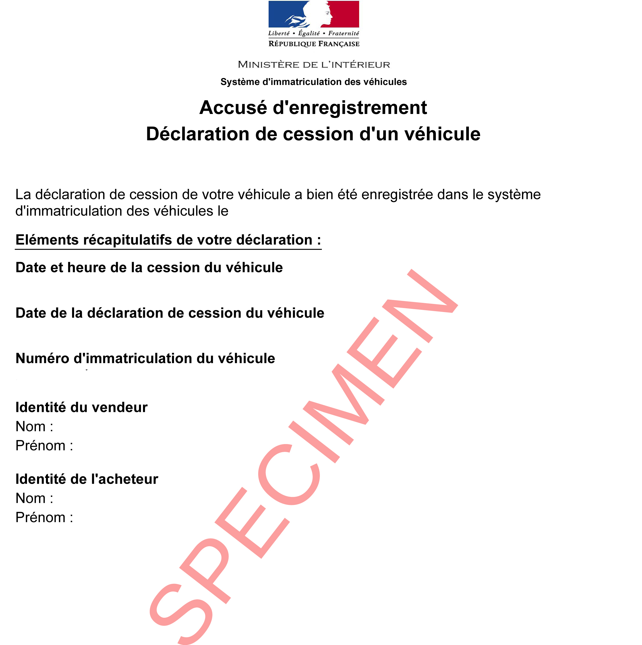 Exemple d’un accusé d’enregistrement de la Déclaration de cession d’un véhicule.