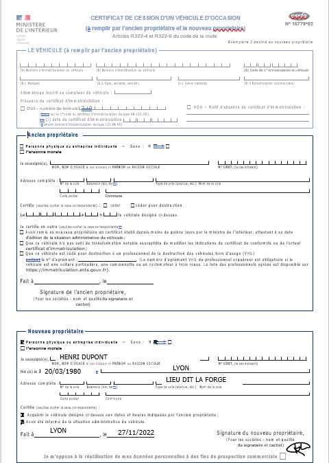 Exemple d’un formulaire CERFA 15776*02 « Certificat de cession d’un véhicule d’occasion »
