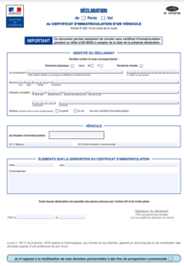 Exemple d’un formulaire CERFA 13753*04 « Déclaration de perte ou de vol de Certificat d’Immatriculation d’un véhicule »